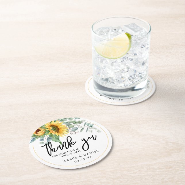 Personalised Wedding Favour Sunflower Greenery Round Paper Coaster (Insitu)