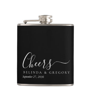 Personalised Wedding Gifts Black White Cheers Hip Flask