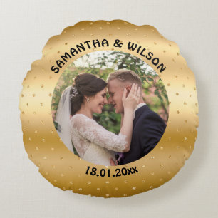 Personalised Wedding Glittery Gold Background Round Cushion