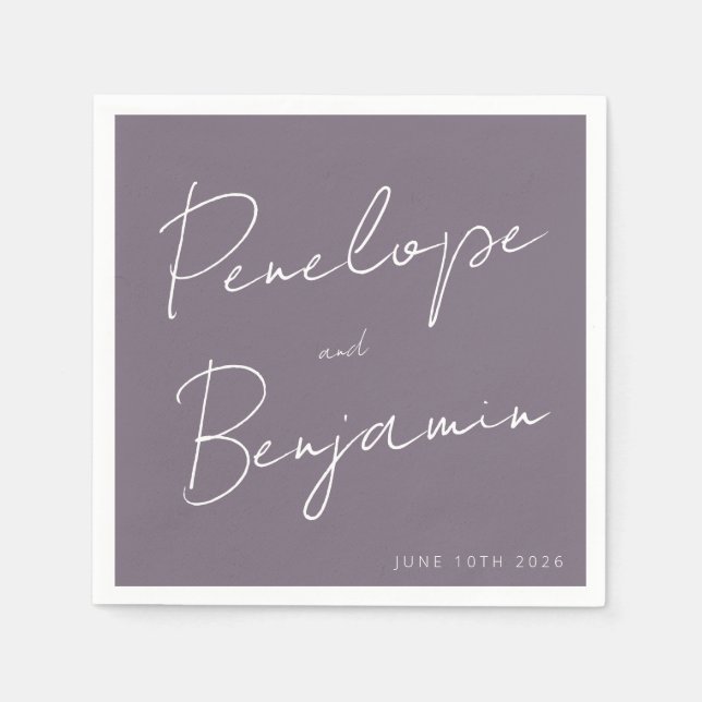 Personalised Wedding Handwritten Script Purple Napkin (Front)