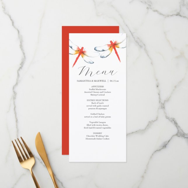 Personalised Wedding Menu Cards Red Dragonfly (Front/Back In Situ)