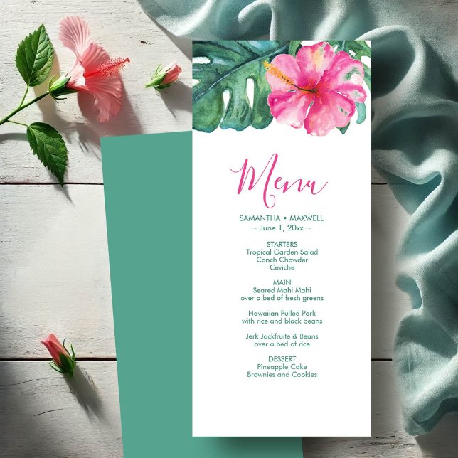 Personalised Wedding Menu Cards Tropical Hibiscus (Wedding menu cards watercolor hibiscus flower & palm leaves by Victoria Grigaliunas DoTellABelle)