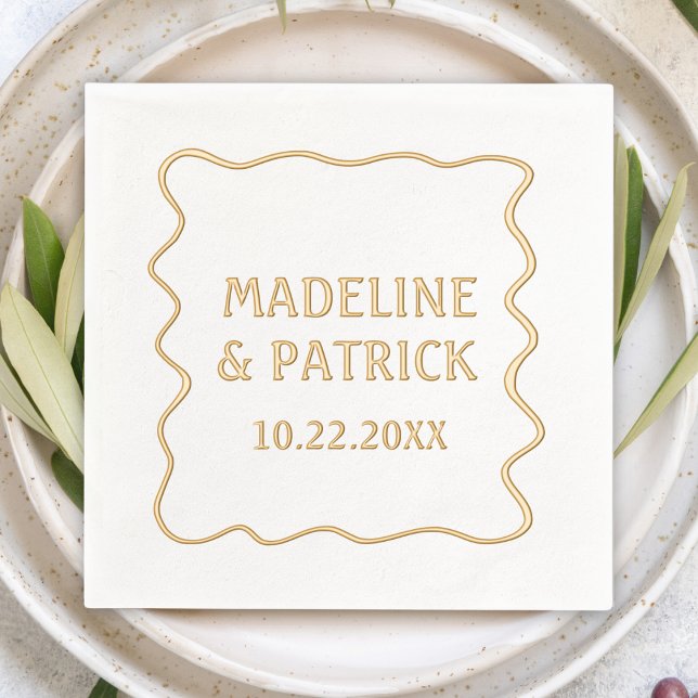 Personalised Wedding Modern Wavy Border Party Foil Napkins (Personalized Custom Wavy Border Wedding Cocktail Napkins Custom Name & Date Modern Simple Minimalist)