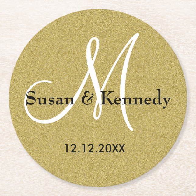 Personalised Wedding Monogram Gold Glitter Round Paper Coaster (Front)
