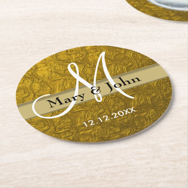 Personalised Wedding Monogram Gold Pattern Round Paper Coaster (Angled)