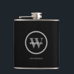 Personalised Wedding Monogram Groomsmen Hip Flask<br><div class="desc">Personalised this flask with the monogram and name for the groomsmen. Black and white,  classic,  simple and modern with an area to include the bride and groom's names and wedding date on the back. Easy to personalise and customise. Elegant black background.</div>