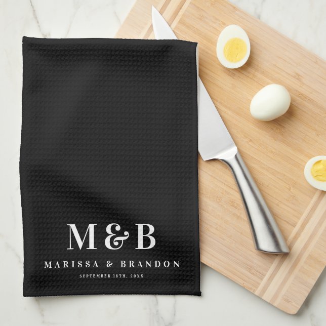 Personalised Wedding Monogram Initials Black Tea Towel (Quarter Fold)