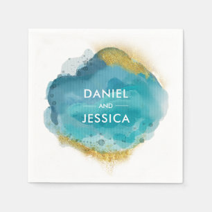 Personalised Wedding Napkin   blue and gold