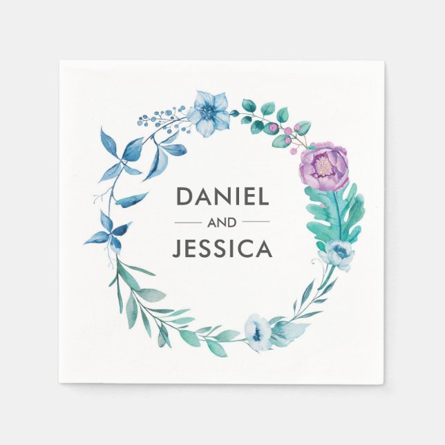 Personalised Wedding Napkin | blue purple flowers (Front)