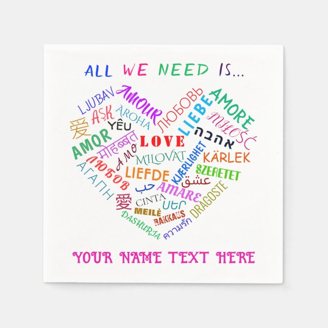 Personalised Wedding Napkins with Heart Love Text (Front)