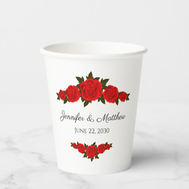 Personalised Wedding Paper Cups with Red Roses (Front)