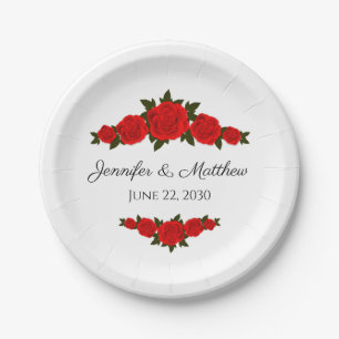 Personalised Wedding Paper Plates with Red Roses