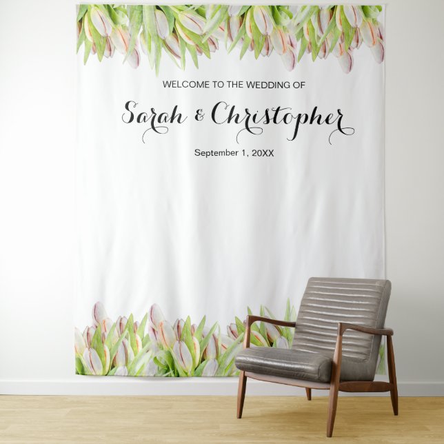 Personalised Wedding Photo Backdrop | Pink Tulips Tapestry (In Situ)