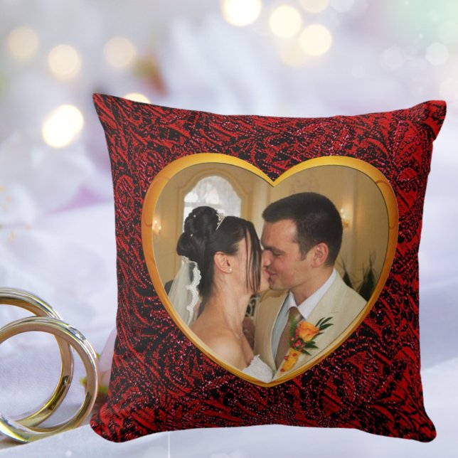 Personalised Wedding Photo Gold Heart Frame Artsy Cushion (Personalized Wedding Photo Gold Heart Frame Artsy Throw Pillow)
