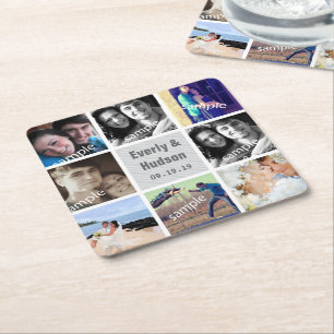 Personalised Wedding Photo Modern Collage Square Paper Coaster