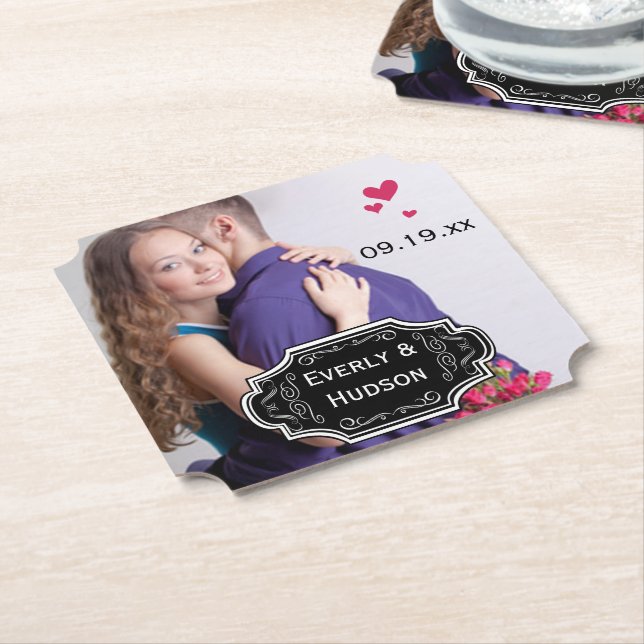 Personalised Wedding Photo Modern Tag Paper Coaster (Angled)