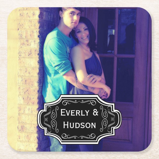 Personalised Wedding Photo Modern Tag Square Paper Coaster (Front)