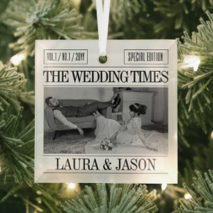 Personalised Wedding Photo Ornament, Newspaper  Glass Tree Decoration