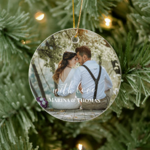 Personalised Wedding Photo With Modern Calligraphy Ceramic Tree Decoration
