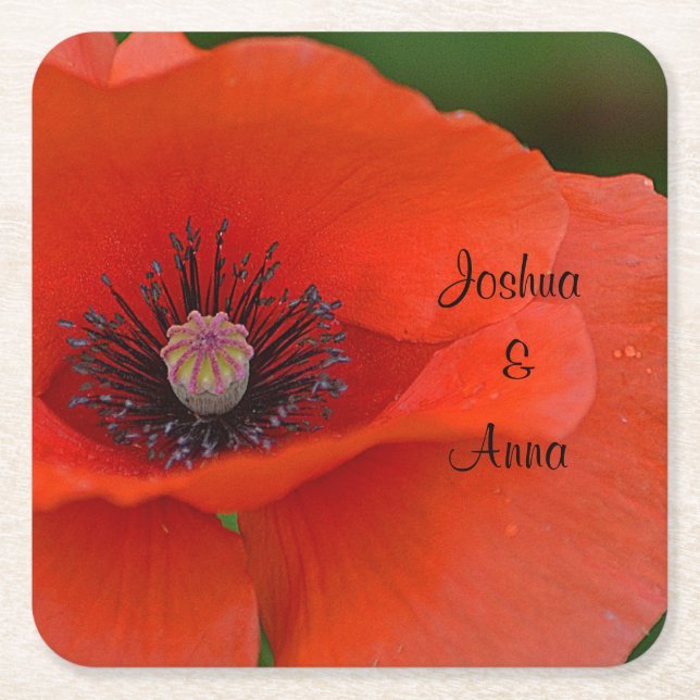 Personalised Wedding Poppy Square Paper Coaster (Front)