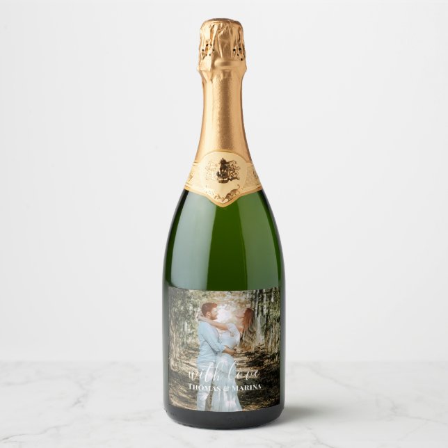 Personalised Wedding Portrait Modern Calligraphy Sparkling Wine Label (Front)