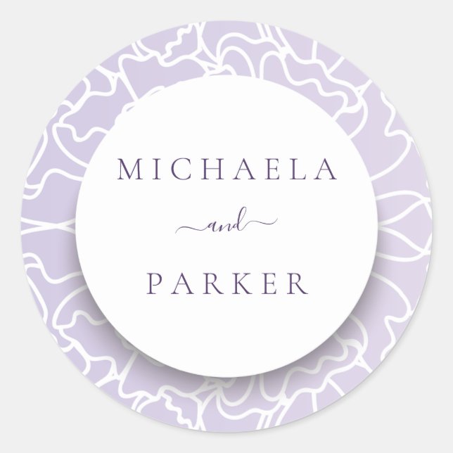 Personalised Wedding Purple Floral Classic Round Sticker (Front)