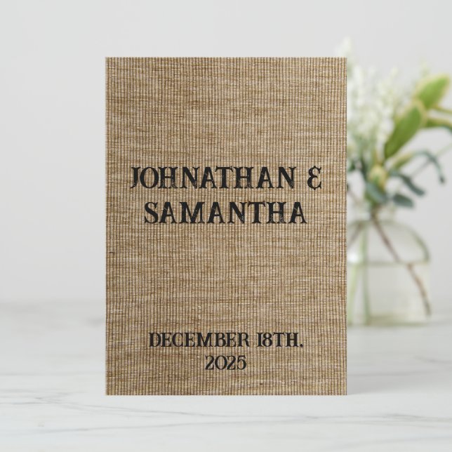 Personalised wedding rustic burlap nature pattern invitation (Standing Front)