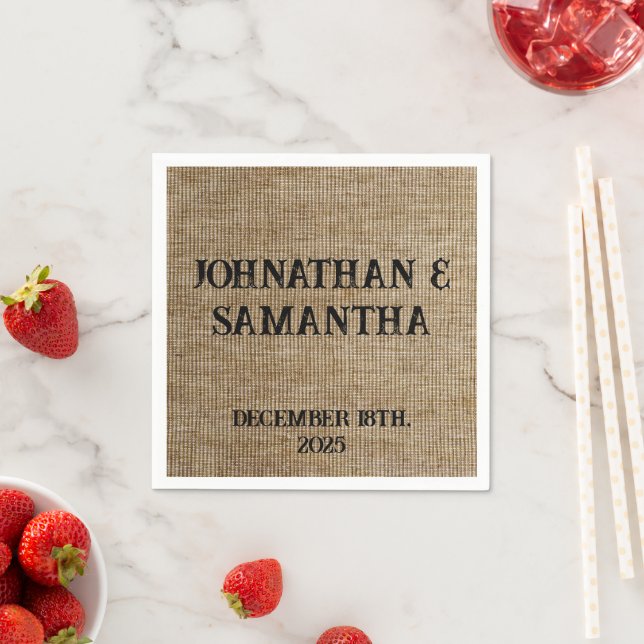 Personalised wedding rustic burlap nature pattern napkin (Insitu)