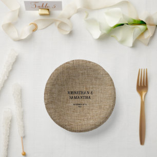 Personalised wedding rustic burlap nature pattern paper plate