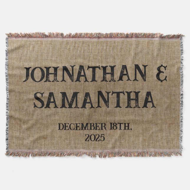 Personalised wedding rustic burlap nature pattern throw blanket (Front)