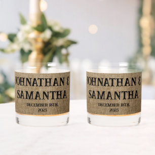 Personalised wedding rustic burlap nature pattern whiskey glass