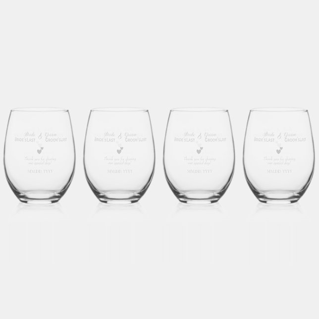 Personalised Wedding Silver Hearts Elegant Stemless Wine Glass (Back)