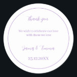 Personalised Wedding Simple Purple Classic Round Sticker<br><div class="desc">Personalised Wedding sticker,  features purple colour,  you can change couple name,  and date,  and your messeage for guest,  please click on the "personalisation" link.</div>