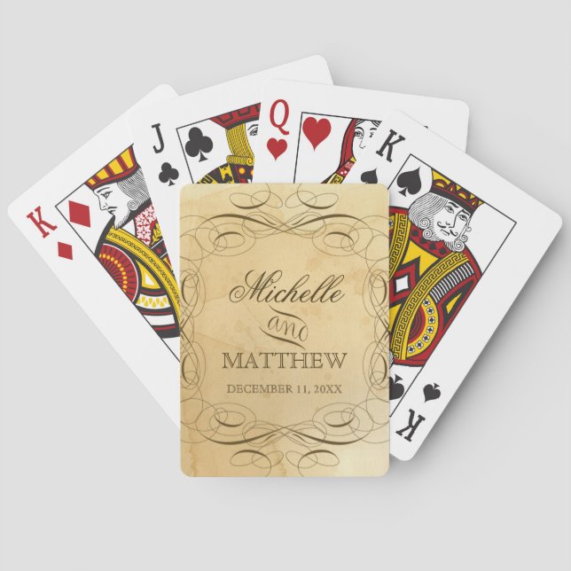 Personalised Wedding - Tea Stained Swirls Vintage Playing Cards (Back)