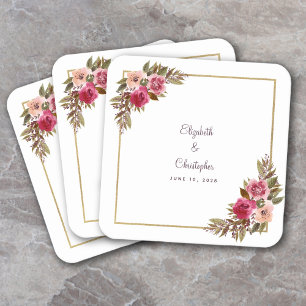 Personalised Wedding Watercolor Elegant Floral Square Paper Coaster
