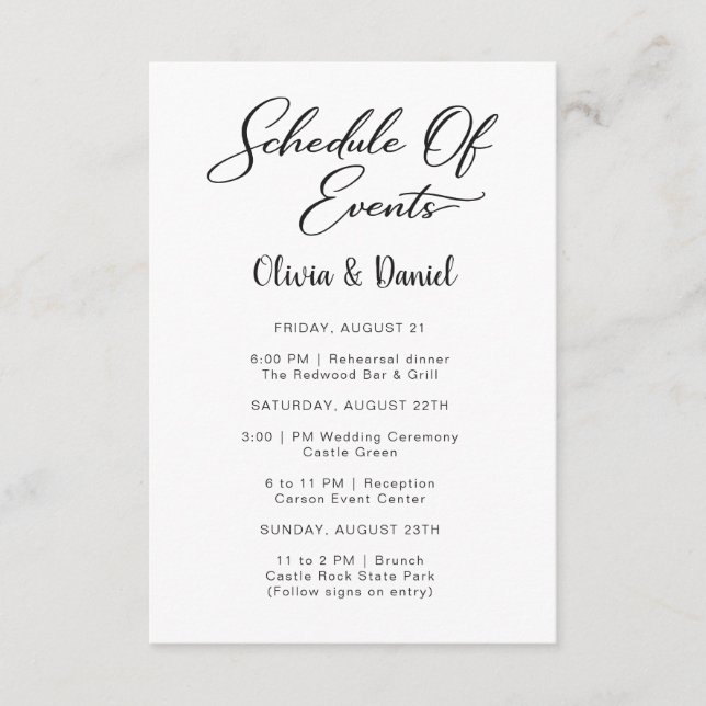 Personalised Wedding Weekend Itinerary Enclosure  Card (Front)
