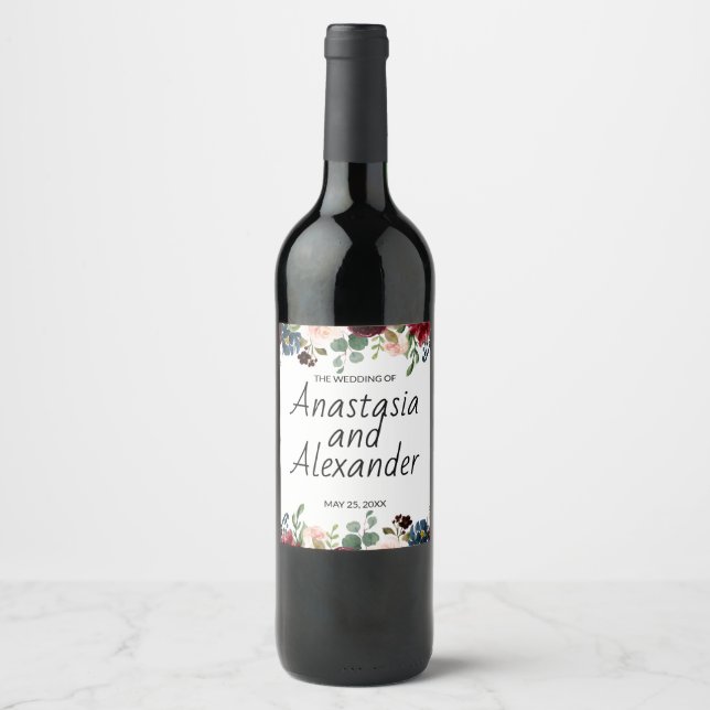 Personalised wedding wine bottle label. wine label (Front)