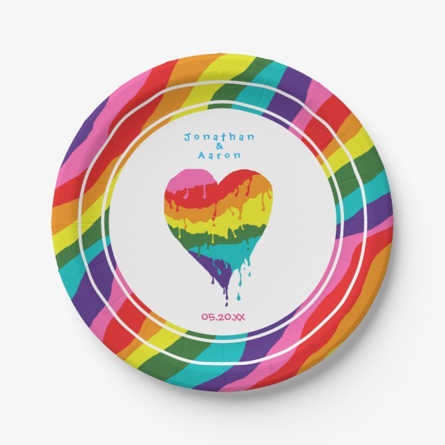 Personalised Weddings LGBT Rainbow Heart Paper Plate (Front)