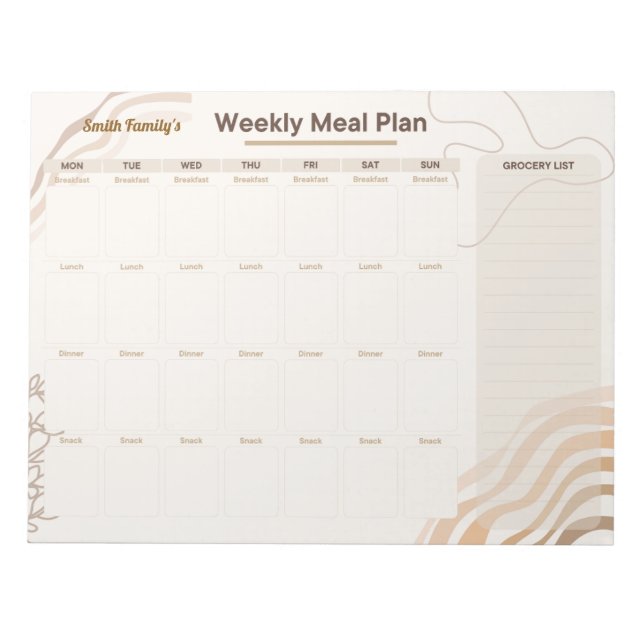 Personalised Weekly Meal Planner in Earthy Beige Notepad (Front)