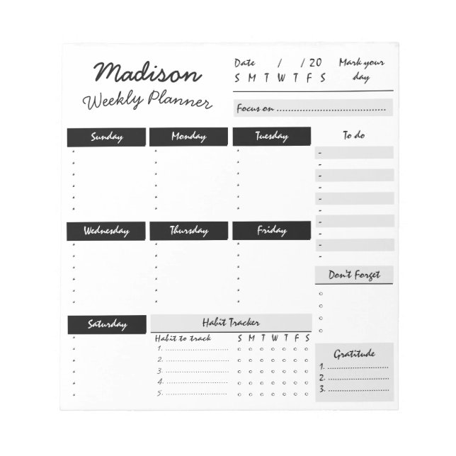 Personalised Weekly Planner Custom Notepad (Front)