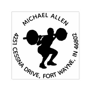 Personalised Weightlifter Silhouette Round Address Self-inking Stamp