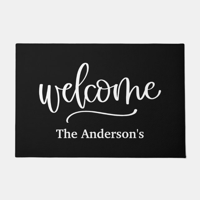 Personalised Welcome Black White Script Doormat (Front)