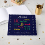 Personalised WELCOME LOVE JOY PEACE Jewish Guest Book<br><div class="desc">Keep the memories of your special gatherings alive by collecting your guests' thoughts in this subtly stylish dark blue and grey Guest Book. The placeholder text is customisable, so you can change the description, eg. to your family name, etc. The words LOVE JOY PEACE are also written in Hebrew (and...</div>