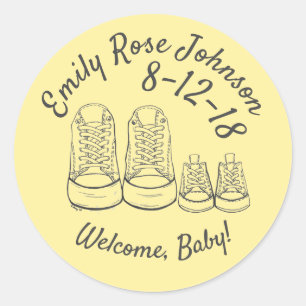 Personalised Welcome New Baby Shoes Birth Shower Classic Round Sticker