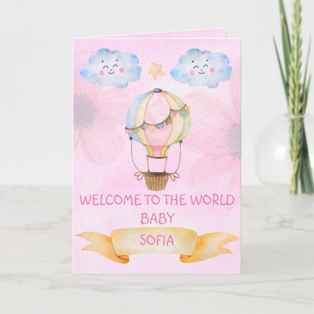 Personalised Welcome New Born, New Baby Girl Card (Front)