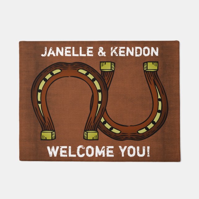 Personalised "Welcome" With Two Horseshoes Doormat (Front)