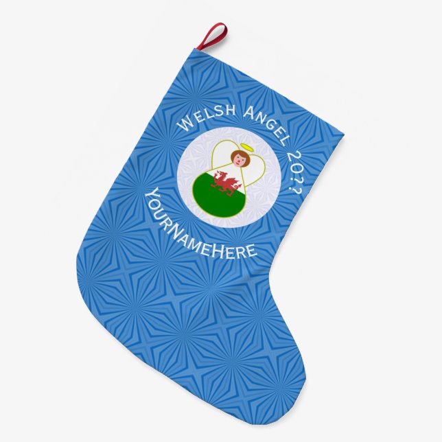 Personalised Welsh Angel Hanukkah Flag  Large Christmas Stocking (Front (Hanging))
