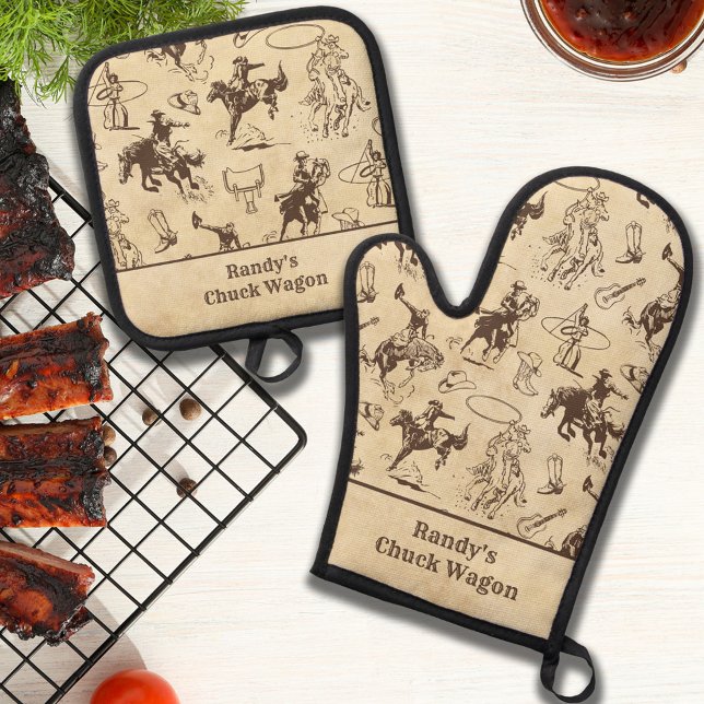 Personalised Western Rodeo Cowboy  Oven Mitt & Pot Holder Set (Creator Uploaded)
