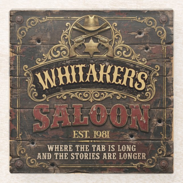 Personalised Western Saloon Rustic Man Cave Home Glass Coaster (Front)