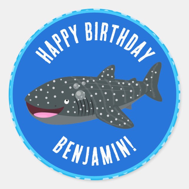 Personalised whale shark happy birthday cartoon classic round sticker (Front)